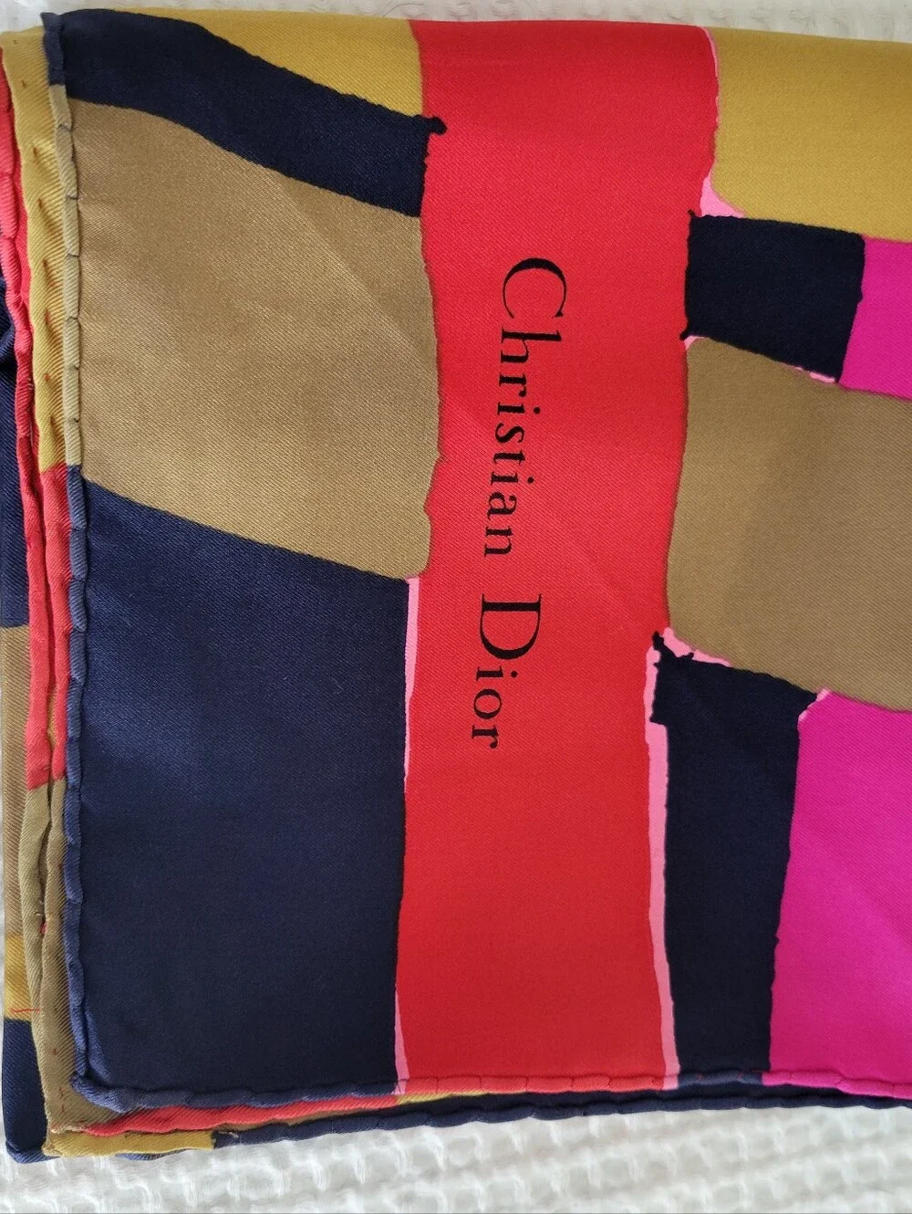 Vintage Dior Navy, Hot Pink, Red & Gold Geometric Silk Scarf 30